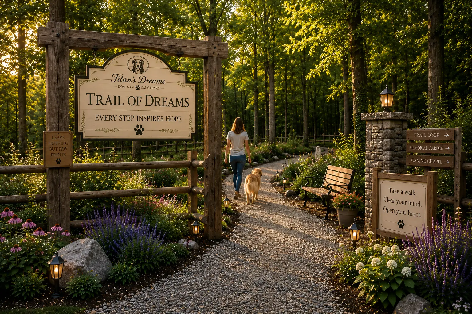 Conceptual rendering of a wooded gravel walking trail with a rustic Trail of Dreams entrance sign