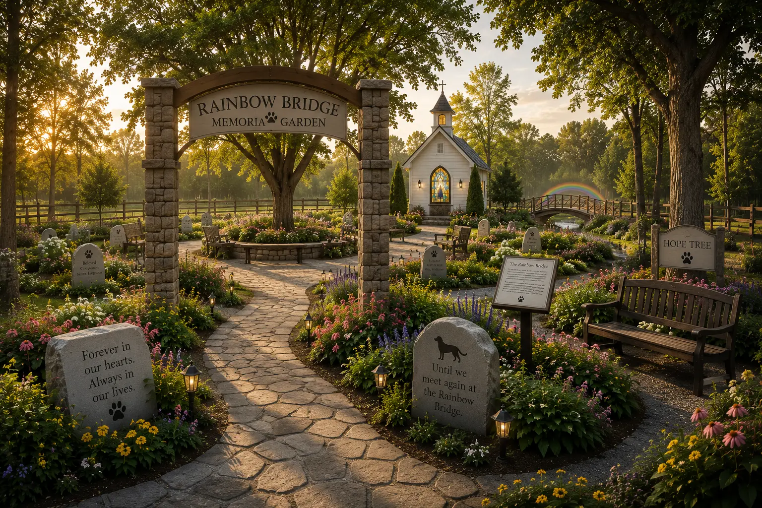 Conceptual rendering of a memorial garden with stone pathways, memorial markers, and a small chapel