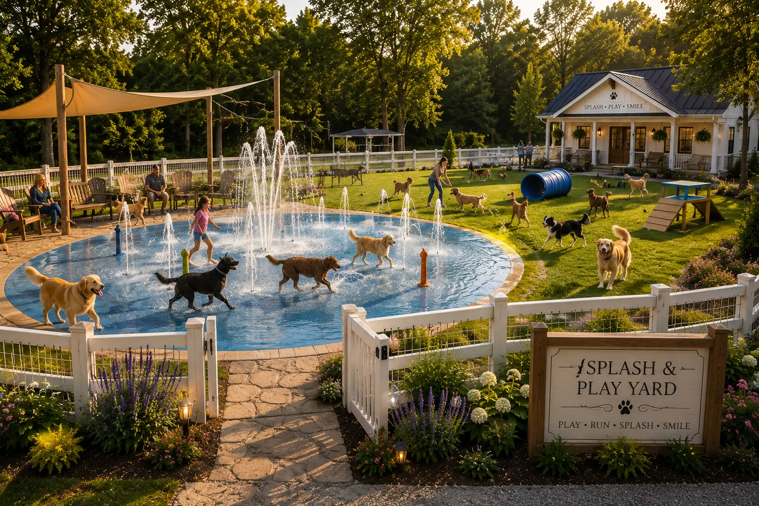 Conceptual rendering of a splash pad and fenced play yard with dogs playing in the water