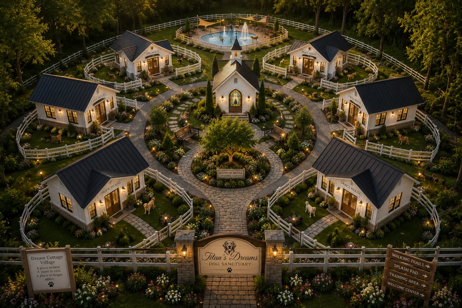 Aerial conceptual rendering of six cottages circling a small chapel and memorial garden
