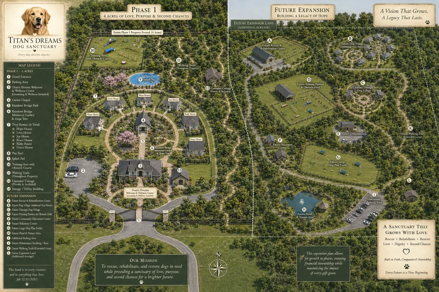 Conceptual master plan of the four-acre Phase One campus with future expansion land
