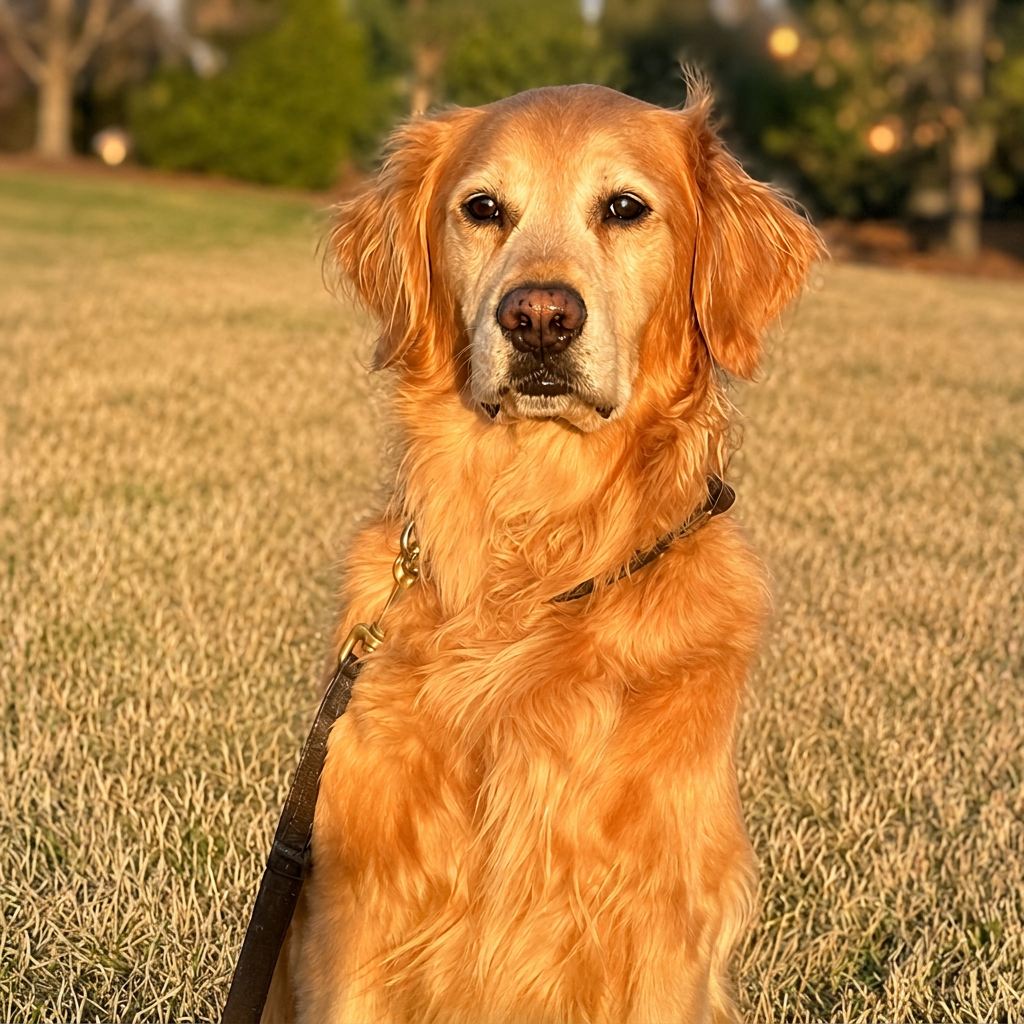 Titan the golden retriever sitting calmly in a sunlit field