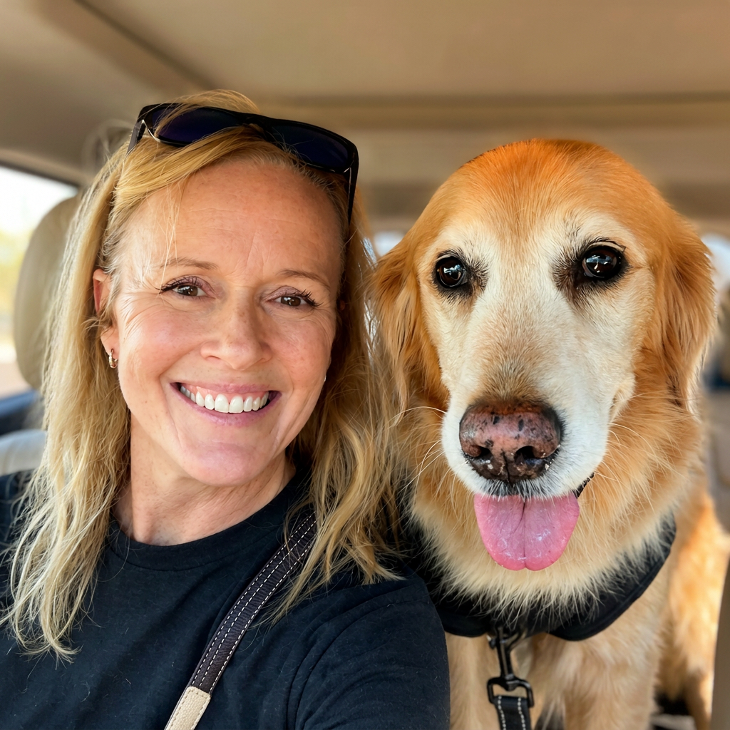 Tara, founder of Titan's Dreams, with Titan the golden retriever