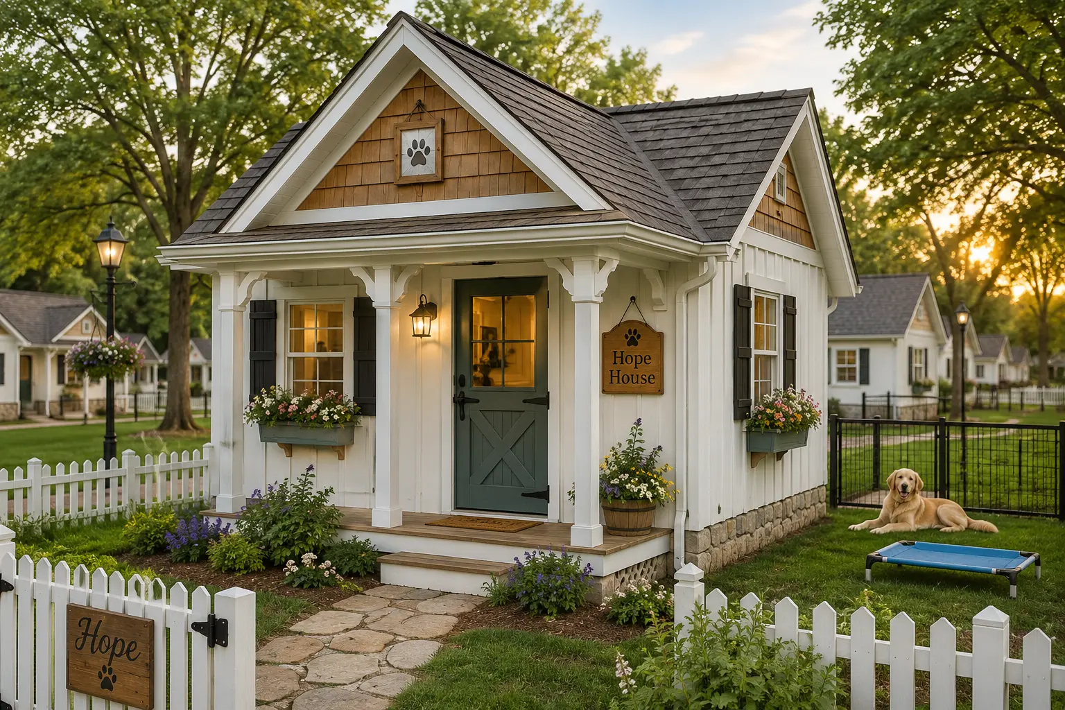 Conceptual rendering of a small white cottage named Hope House with a picket fence and a golden retriever resting nearby