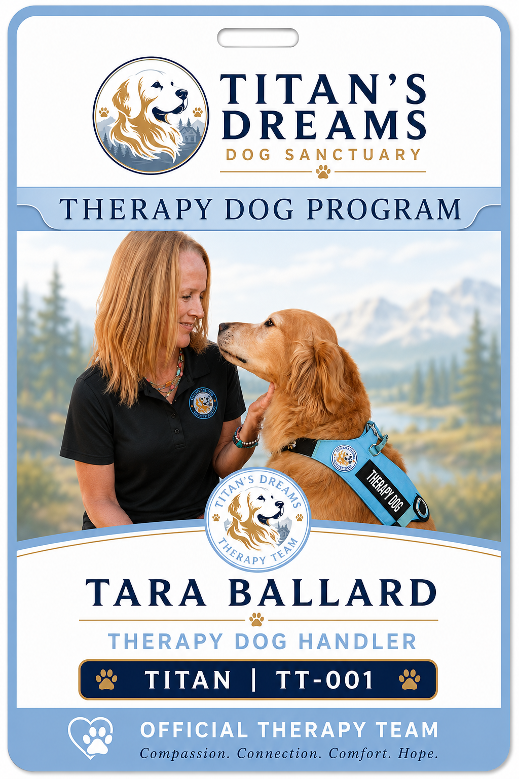Official Titan's Dreams Therapy Team ID card for Tara Ballard, Therapy Dog Handler, with Titan